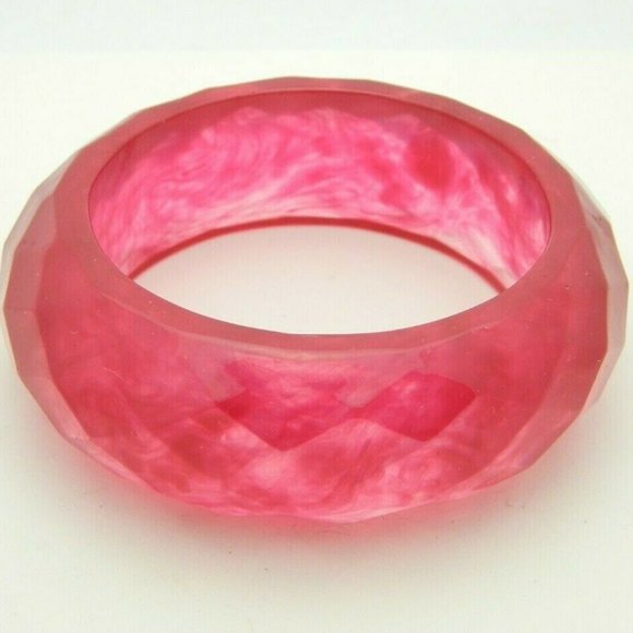 Vintage Jewelry - Pink Faceted Large Wide Acrylic Bangle Bracelet